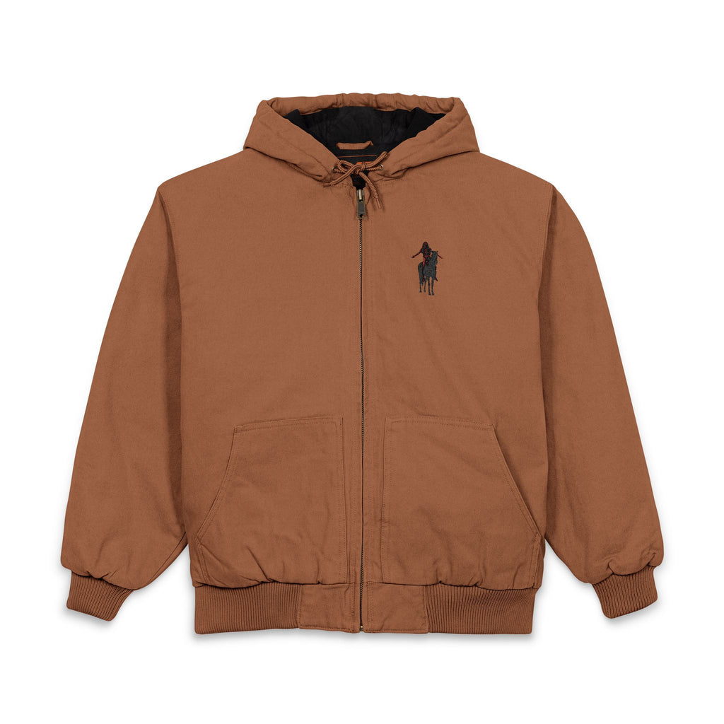 Embroidered Indigenous END OF THE ROAD Duck Cloth Hooded Work Jacket – Men's Heavy-Duty Carhartt-Style Workwear