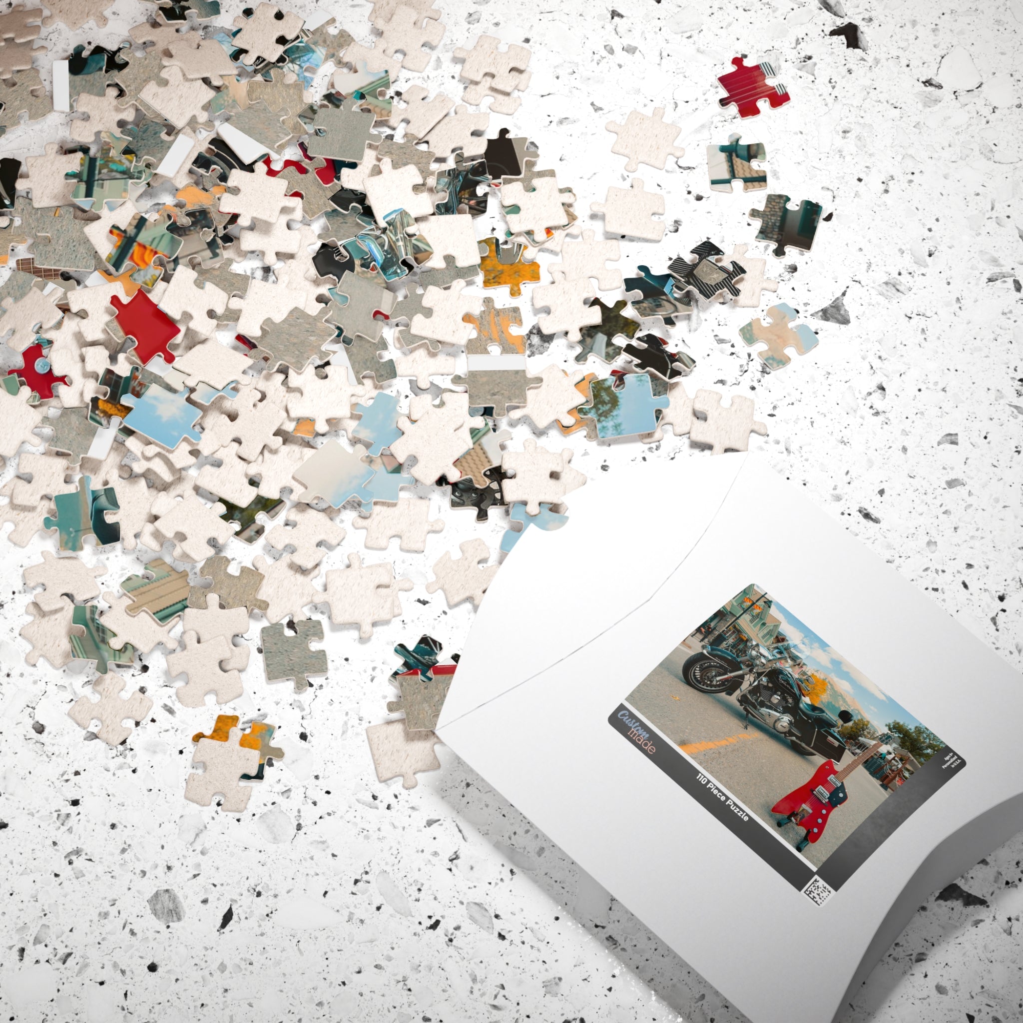 Motorcycle & Red Guitar Street Scene Jigsaw Puzzle – 110/252/520/1014-Piece