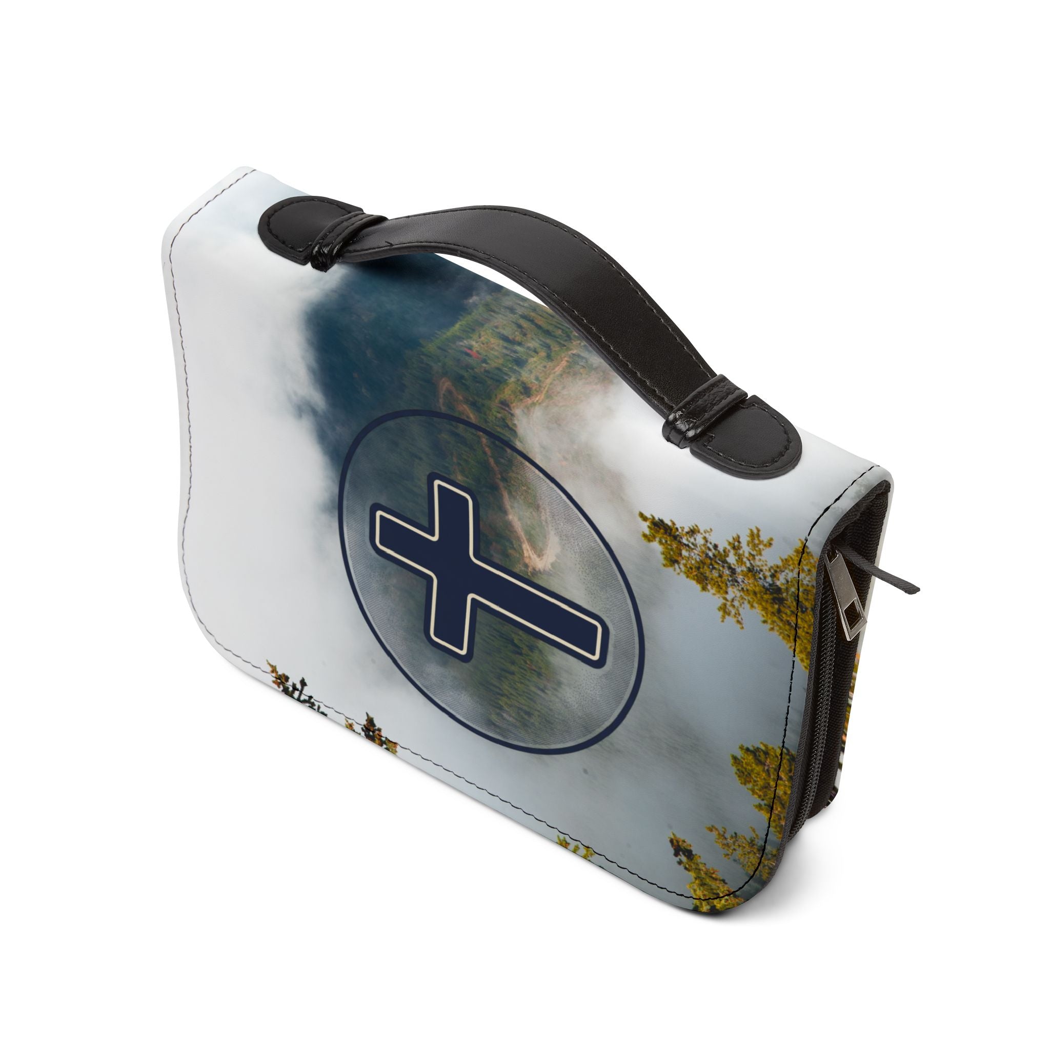 Bible Cover — Faith Cross Church Bible Cover with Mountain & Pine Forest Design