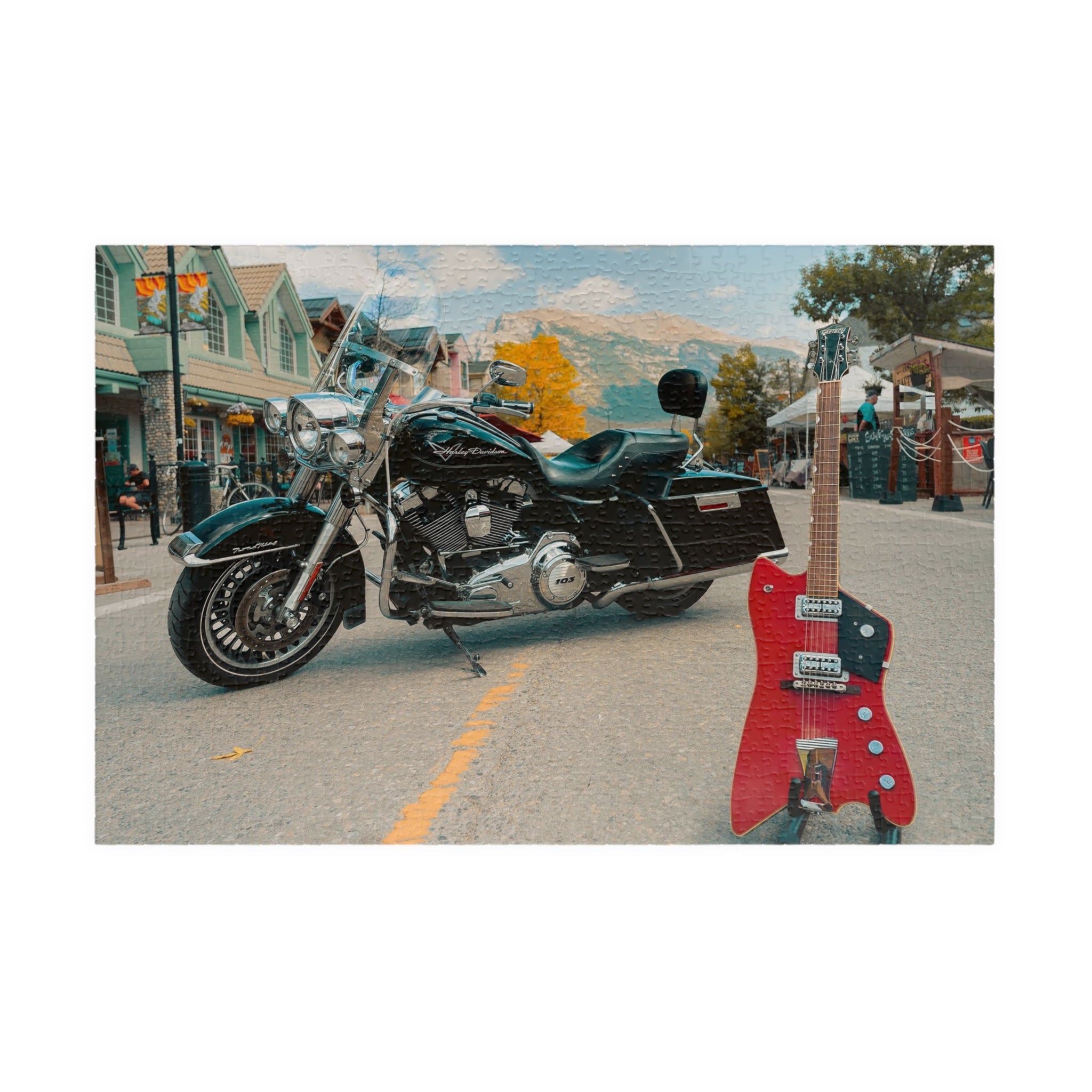 Motorcycle & Red Guitar Street Scene Jigsaw Puzzle – 110/252/520/1014-Piece
