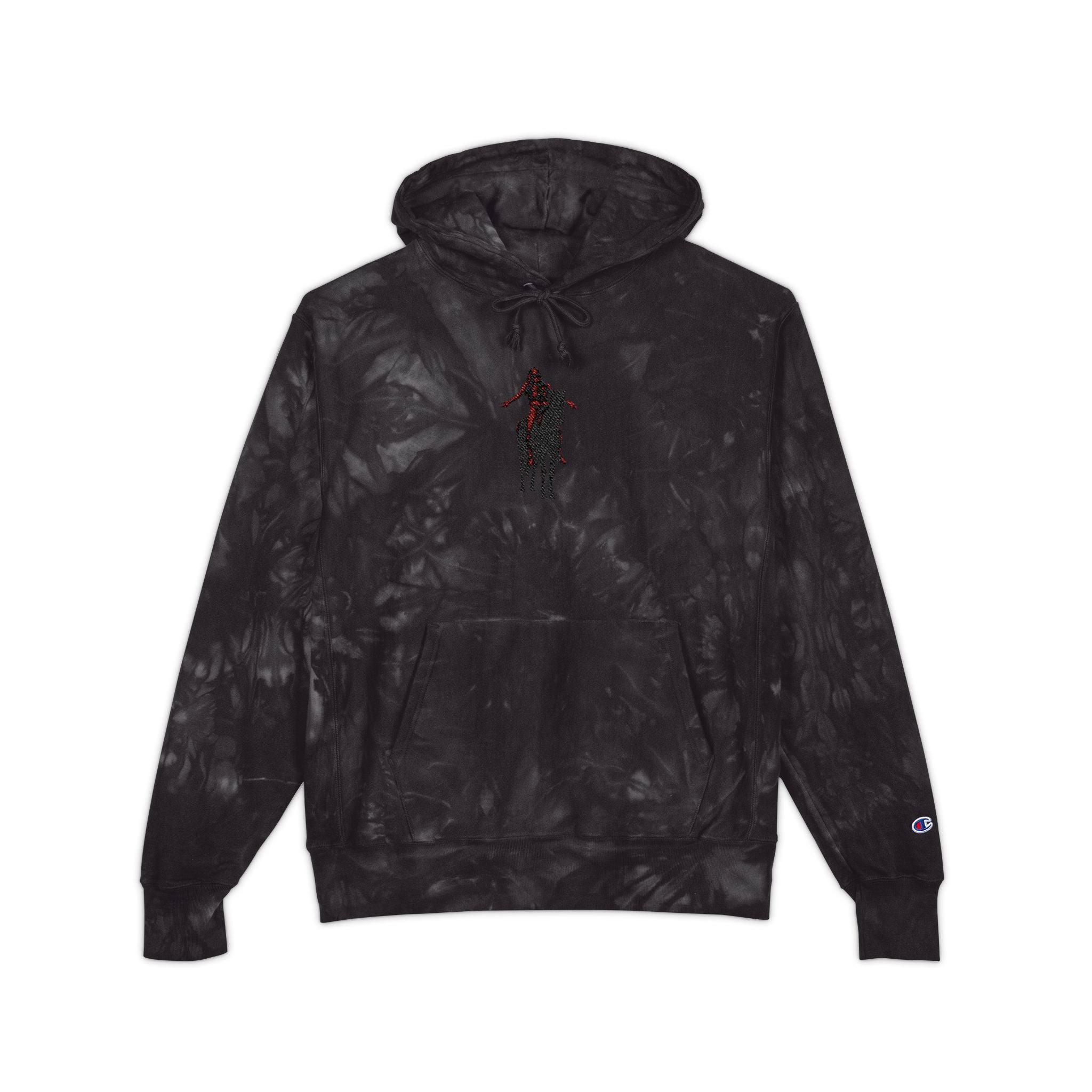 Tie-Dye Champion Hoodie — Black Marble Embroidered End of the trail Pullover