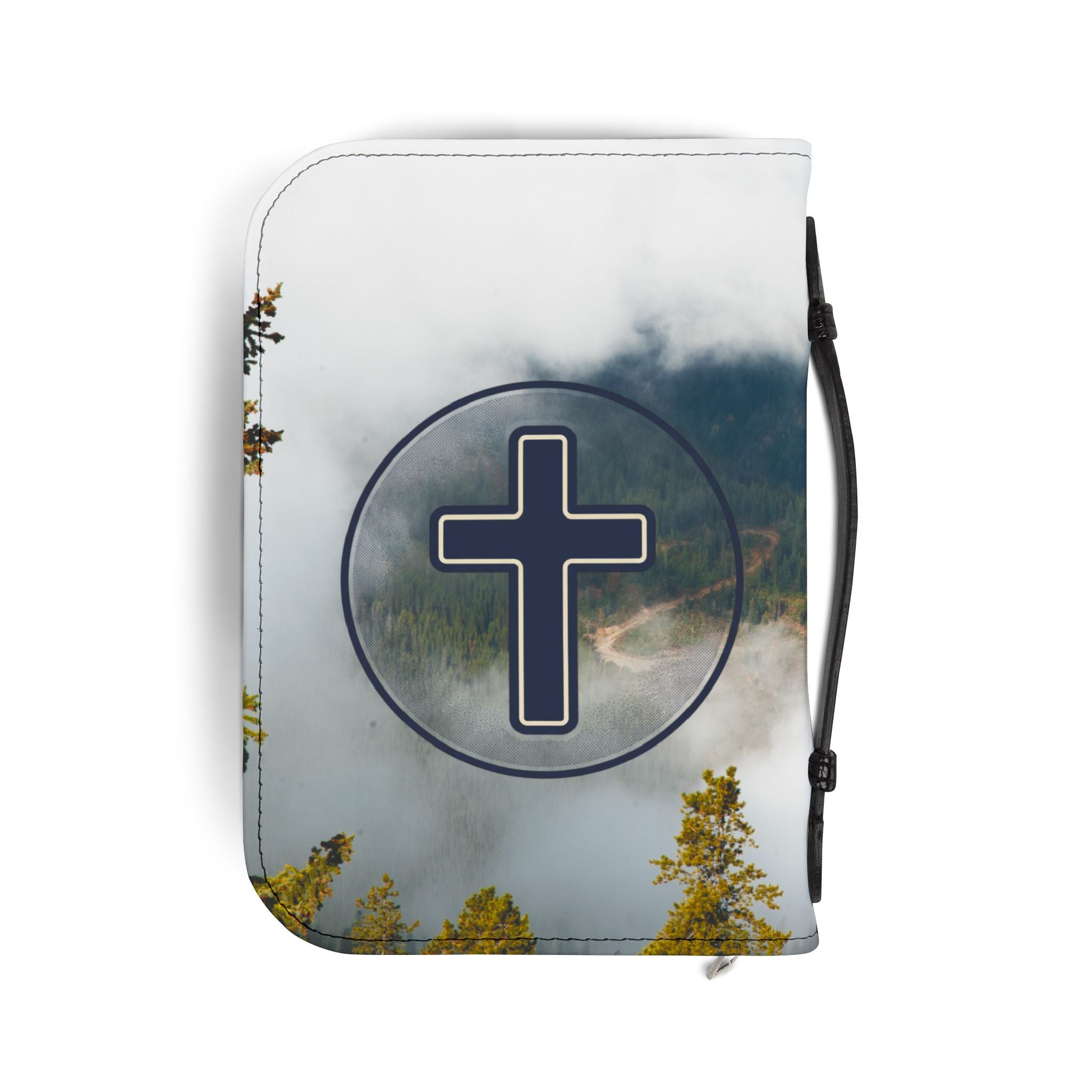 Bible Cover — Faith Cross Church Bible Cover with Mountain & Pine Forest Design