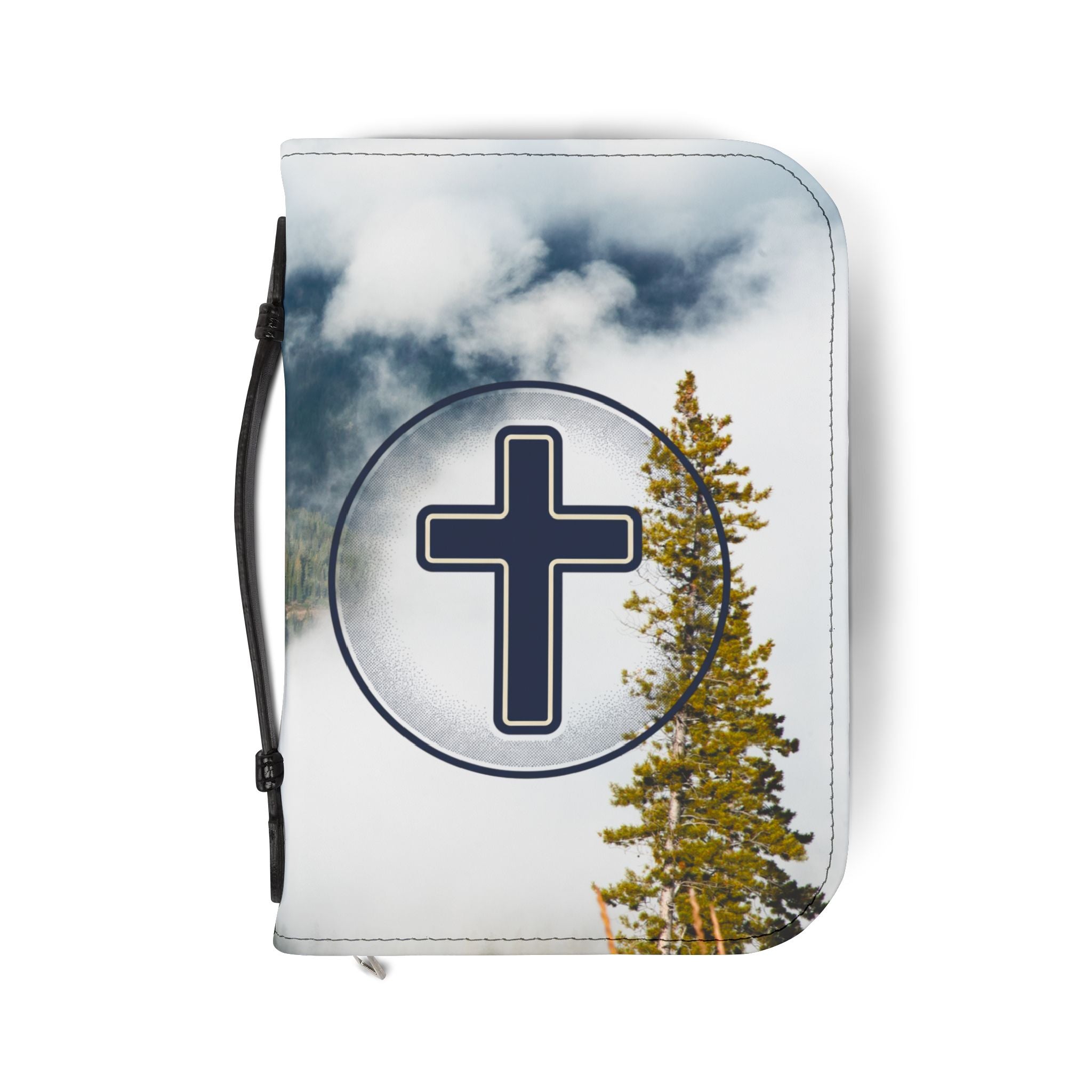 Bible Cover — Faith Cross Church Bible Cover with Mountain & Pine Forest Design