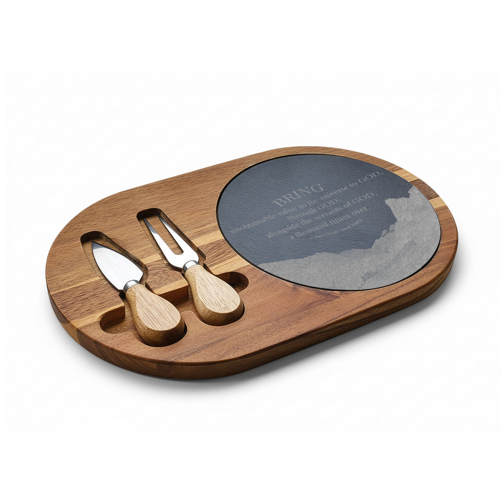 Engraved Slate & Bamboo Charcuterie Board with Cheese Knife Set — 'BRING' Inspirational Quote