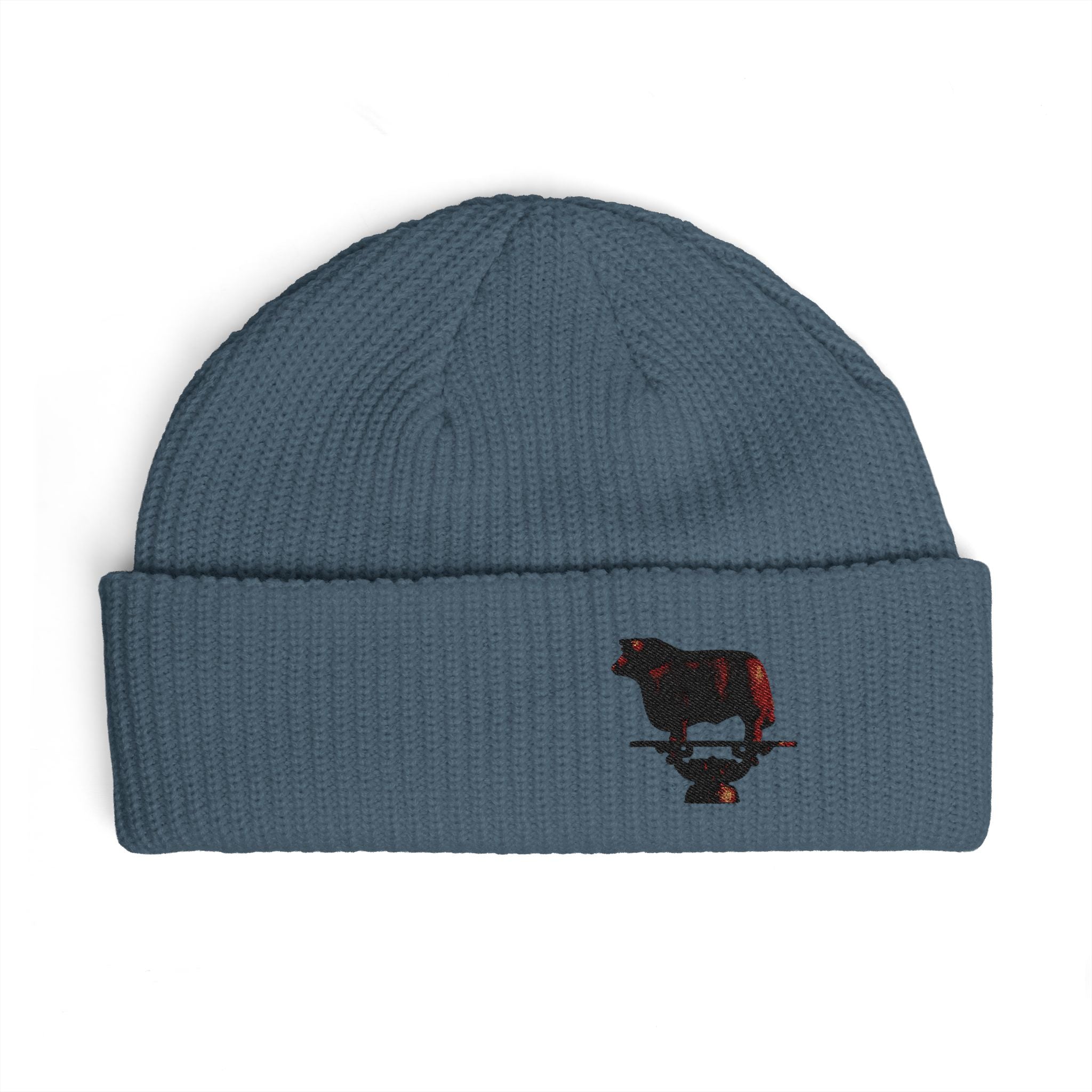 Embroidered Bull Cuff Beanie — Cozy Winter Hat with Rustic Bull Design