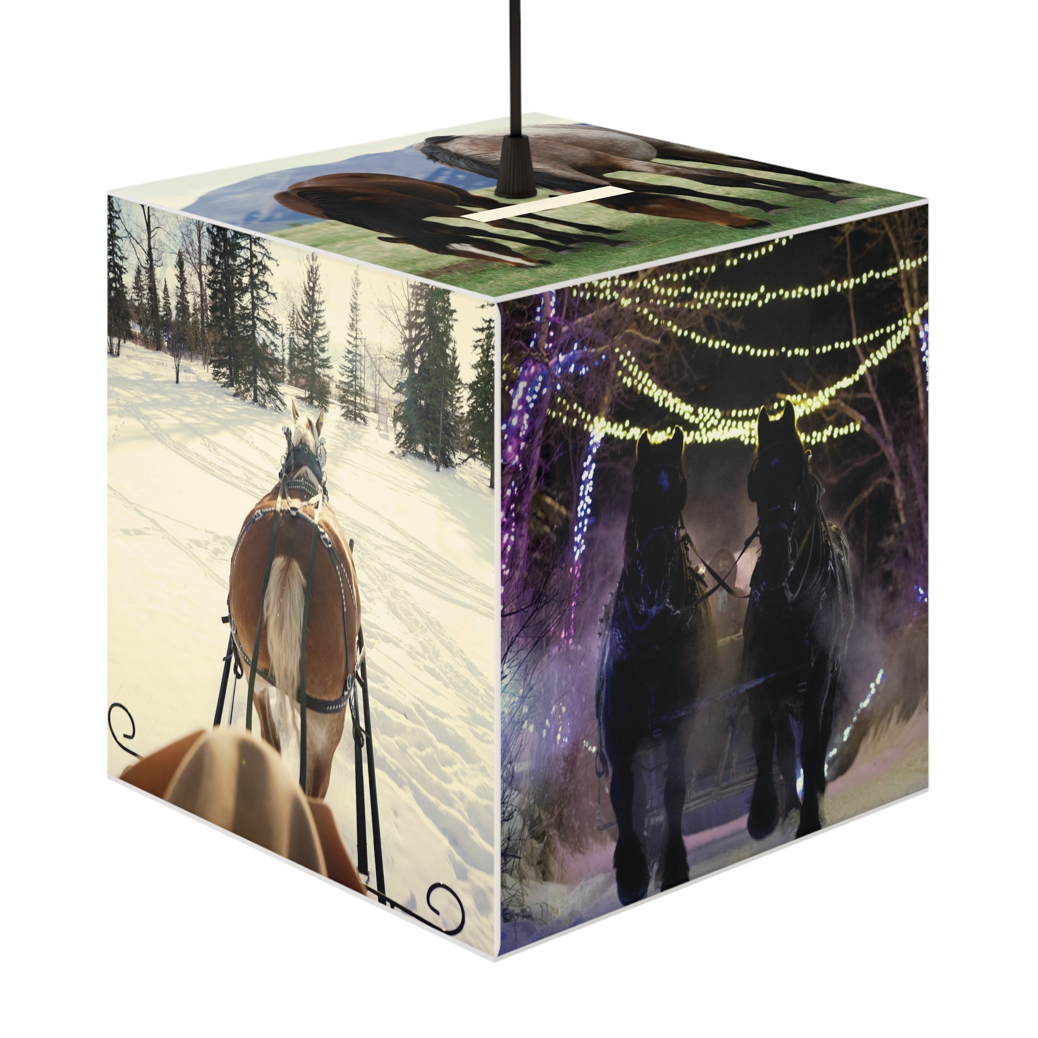 Horse-Drawn Sleigh Light Cube Lamp — Holiday Winter Scene Decorative Pendant