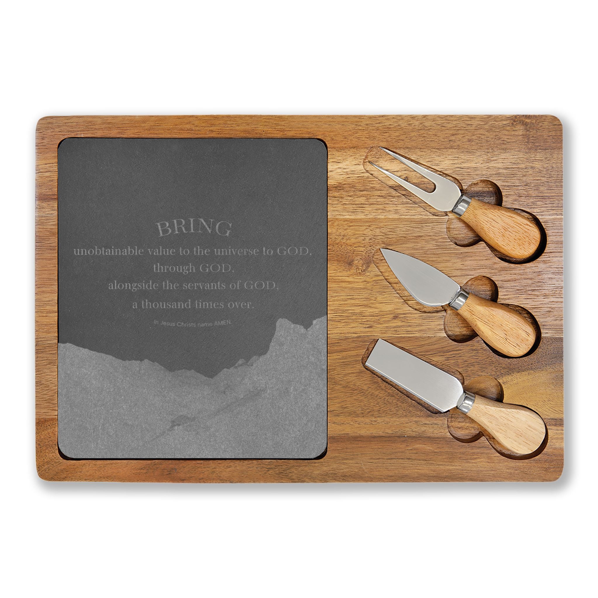 Engraved Slate & Bamboo Charcuterie Board with Cheese Knife Set — 'BRING' Inspirational Quote