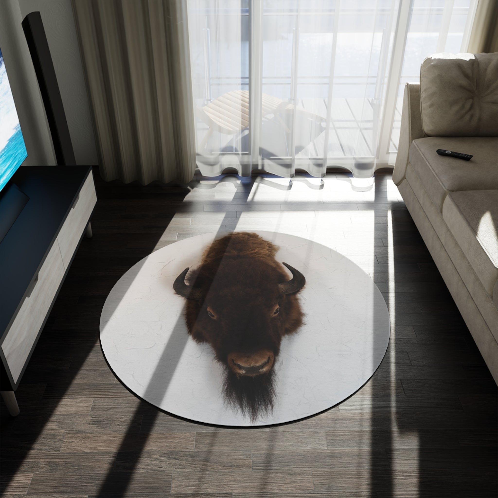 Bison Head Round Rug — Rustic Western Decorative Floor Mat