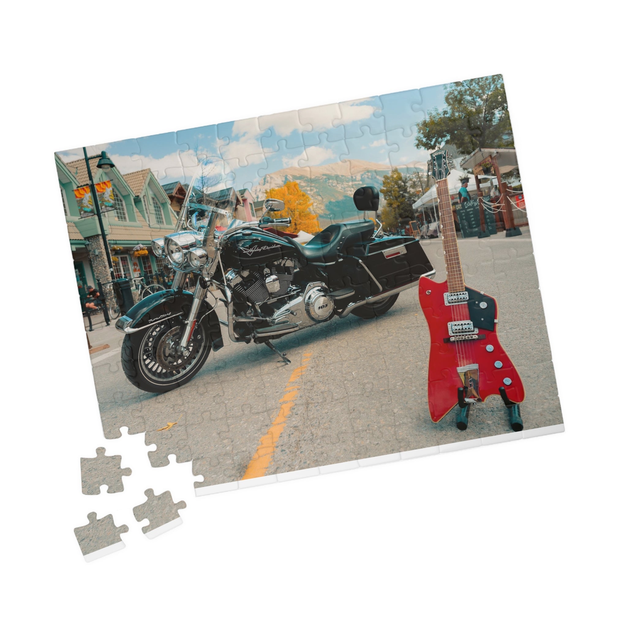 Motorcycle & Red Guitar Street Scene Jigsaw Puzzle – 110/252/520/1014-Piece