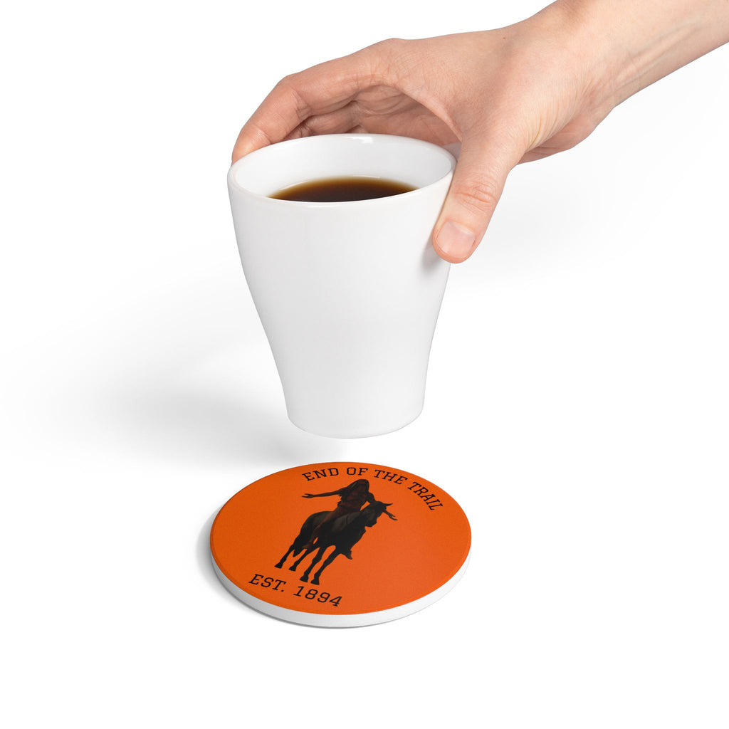 End of the Trail Ceramic Coaster — Vintage Western Horse Rider Design (Est. 1894)