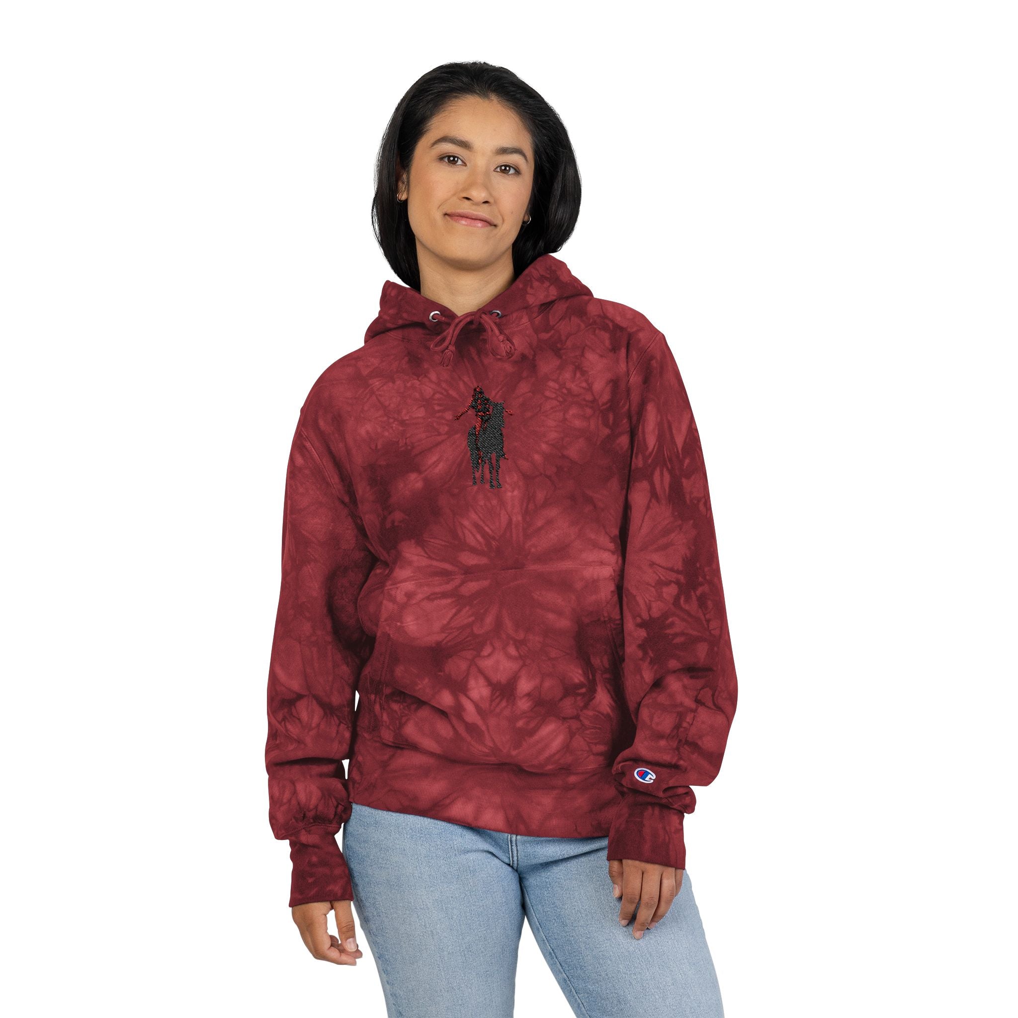Tie-Dye Champion Hoodie — Black Marble Embroidered End of the trail Pullover