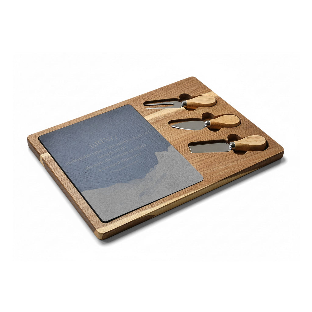 Engraved Slate & Bamboo Charcuterie Board with Cheese Knife Set — 'BRING' Inspirational Quote