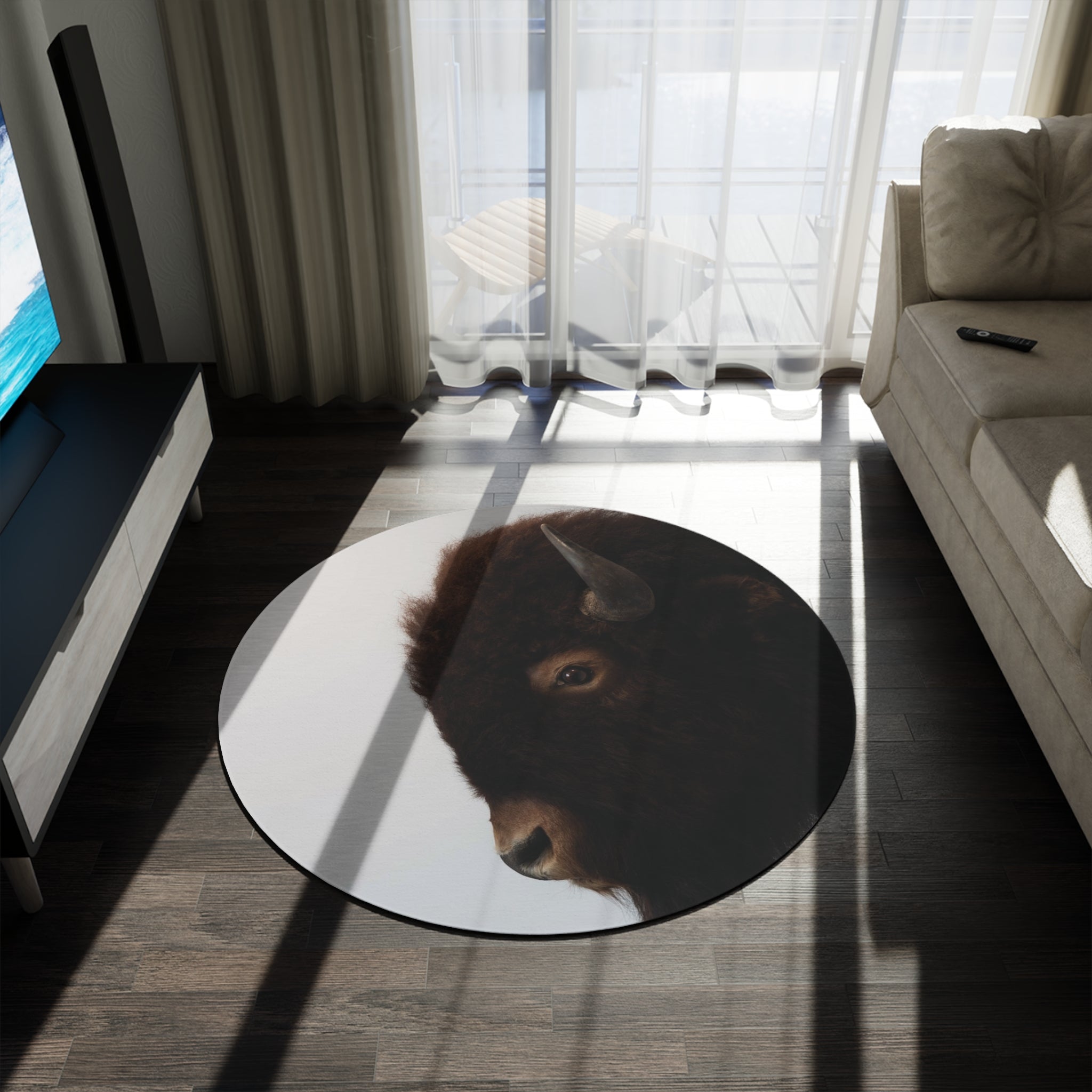 Bison Portrait Round Rug — Rustic Buffalo Decorative Floor Mat