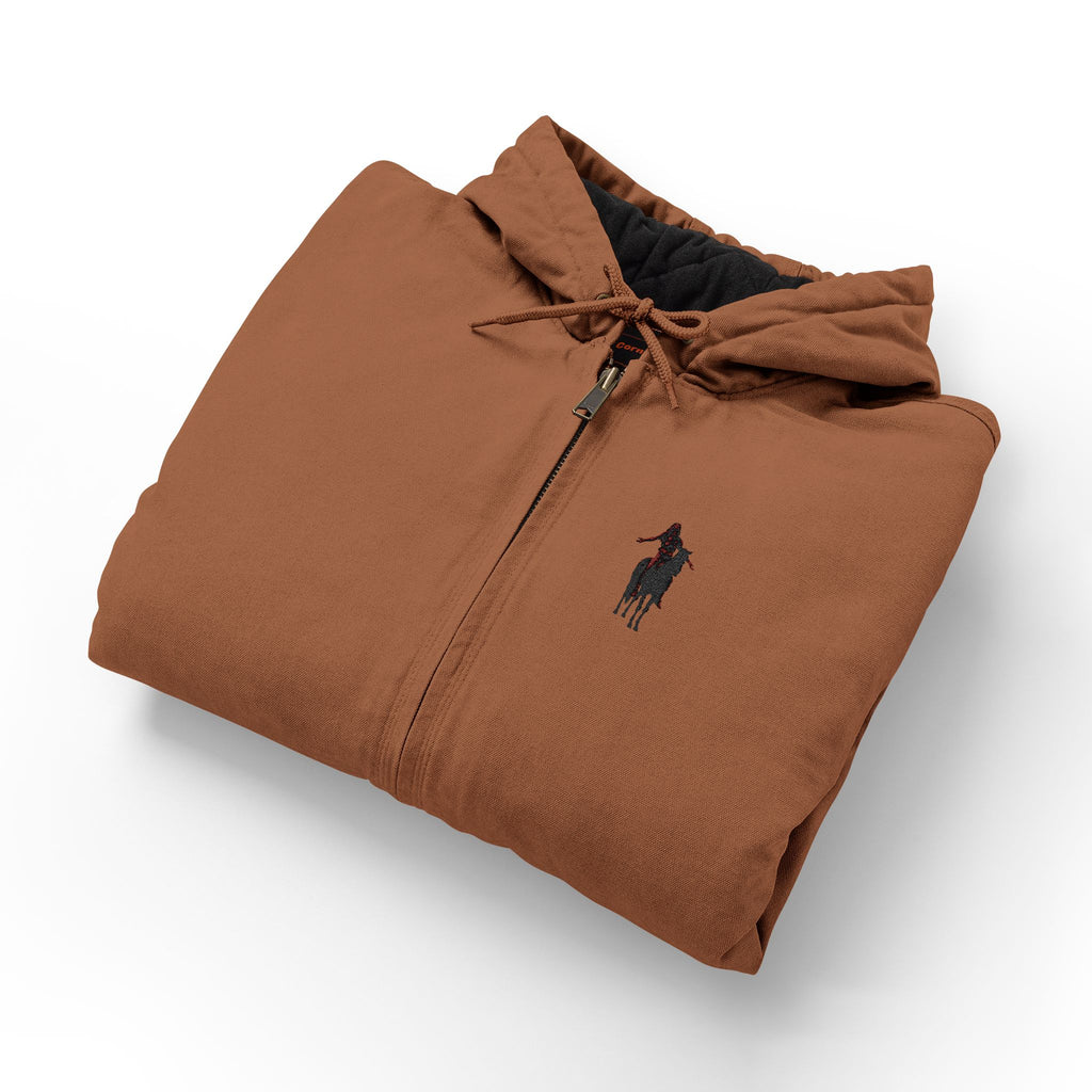 Embroidered Indigenous END OF THE ROAD Duck Cloth Hooded Work Jacket – Men's Heavy-Duty Carhartt-Style Workwear